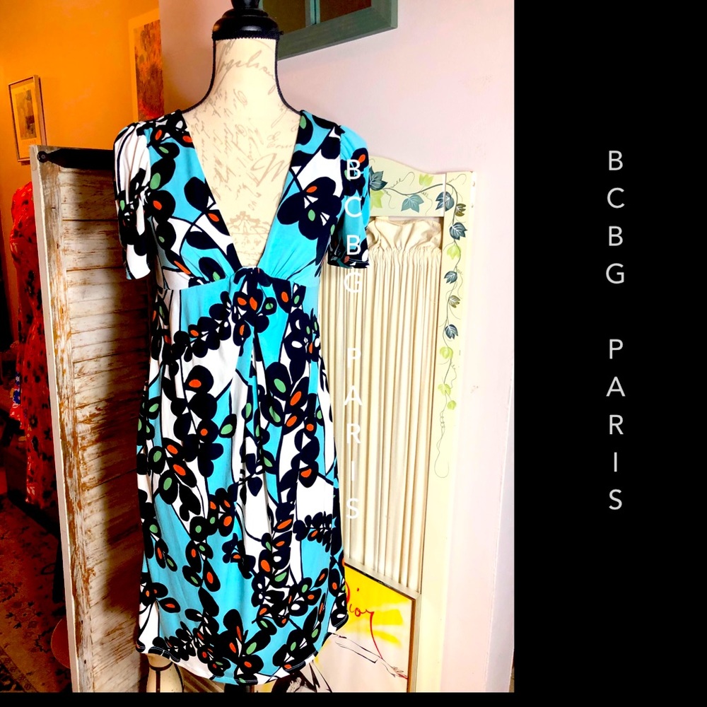 SZ 2-BCBG PARIS BLUE MULTI-PRINT GRECIAN KNITDRESS